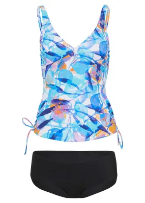 Tankini (2 piezas) de poliamida reciclada Azul-blanco con estampado gráfico